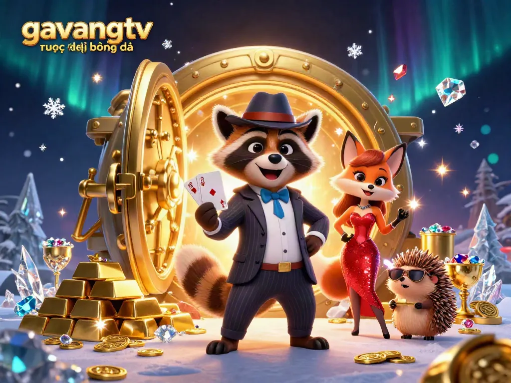 Experience gavangtv trực tiếp bóng đá with vibrant casino-themed characters and sparkling treasures.