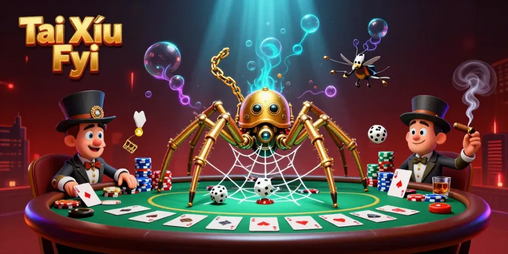 Tài Xỉu Fyi showcases a whimsical 3D spider trapping dice in a golden web around a lively poker scene.