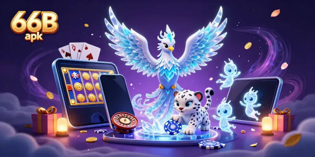 Spin and win with 66B apk, showcasing vibrant gambling elements and characters in an exciting 3D scene.