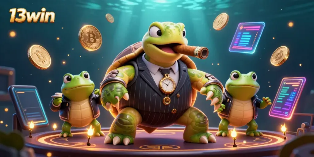 Experience the thrill of 13win with a lively casino scene featuring a snapping turtle in a mobster suit.