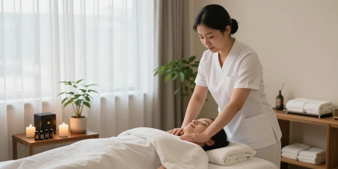 Relaxing 용인출장마사지 environment with therapist and calming decor.