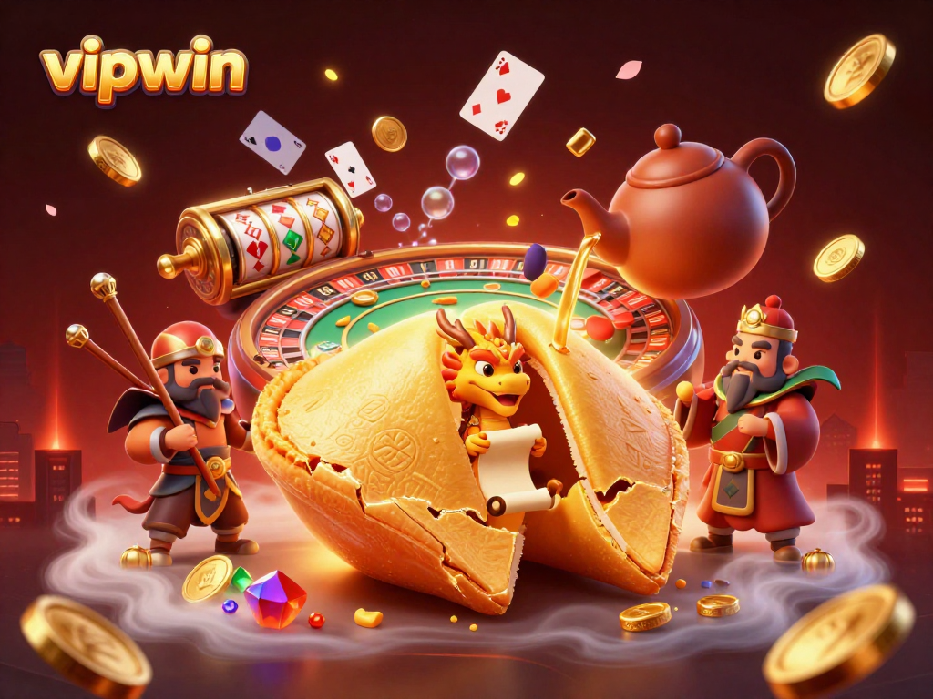Join the excitement at vipwin with a dynamic casino scene featuring a golden fortune cookie and gaming elements.