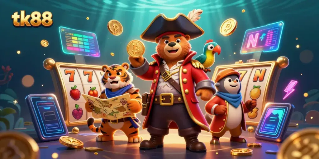 Engage with the thrilling world of tk88 slot adventures featuring vibrant characters and cryptocurrency elements.