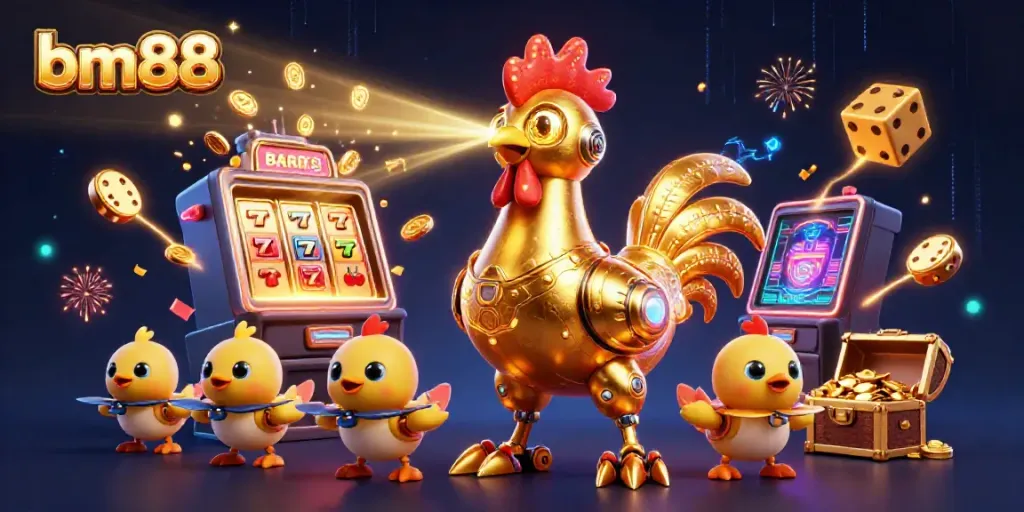 Experience exciting gaming action with bm88’s vibrant casino illustration featuring a rooster robot among jackpot machines and lucky symbols.
