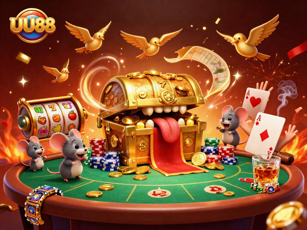 Experience excitement at UU88 Casino with a gold treasure chest, slot games, and celebratory elements.