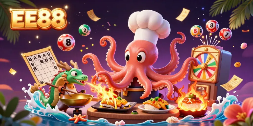 Experience the excitement at EE88 with vibrant lottery elements, as an octopus chef and dragon create culinary magic.