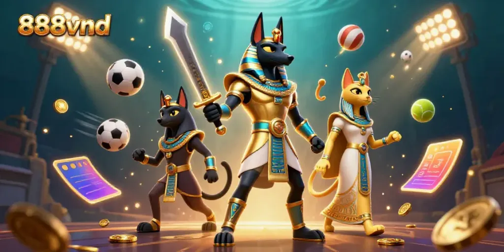 Experience the excitement of 888vnd with a 3D image featuring Anubis, Bastet, and vibrant casino elements.