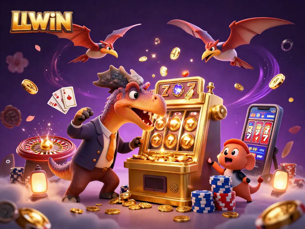 LLWIN jackpots as a pachycephalosaurus bursts a slot machine, creating a casino thrill!