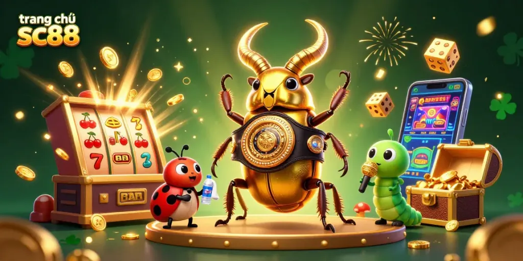 Experience the excitement at trang chủ sc88 with a 3D illustration of a beetle champion in a vibrant casino scene bursting with energy.