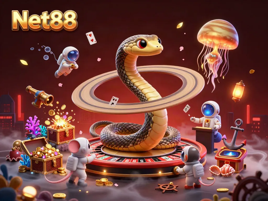 Experience excitement at Net88 with a cosmic roulette wheel and playful astronauts!