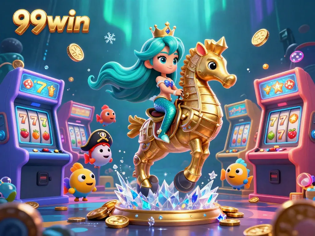 Experience the excitement of 99win with a colorful underwater scene featuring a mermaid, seahorse, and arcade game elements.