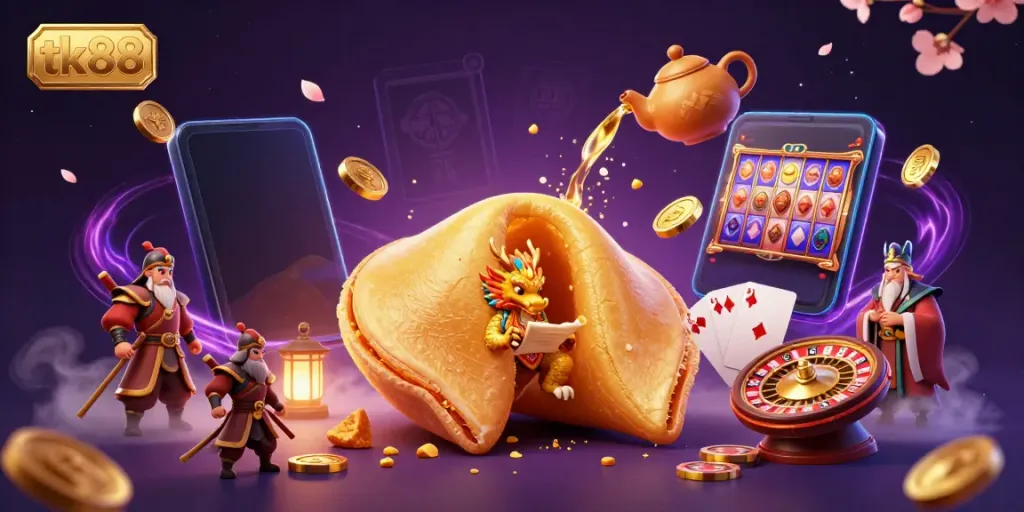 Play exciting games at tk88 with a golden fortune cookie revealing a winning dragon inside.