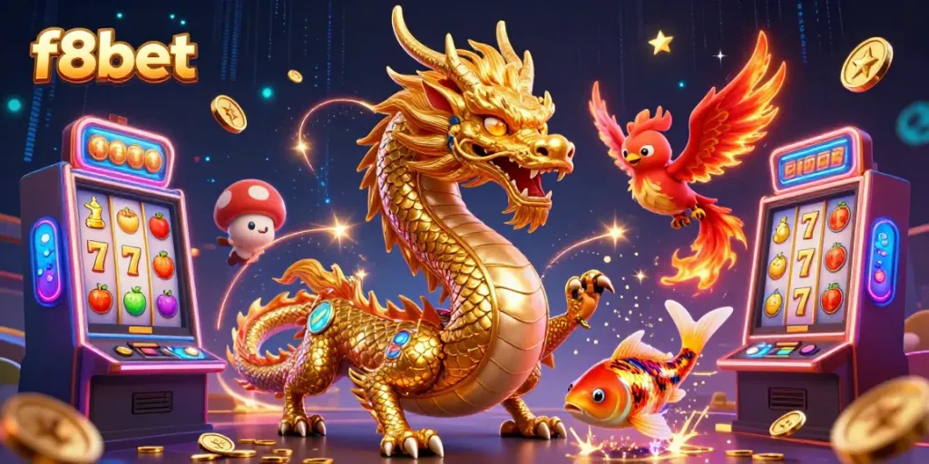 Engage with f8bet's thrilling slots featuring a golden dragon and phoenix in a vibrant casino scene