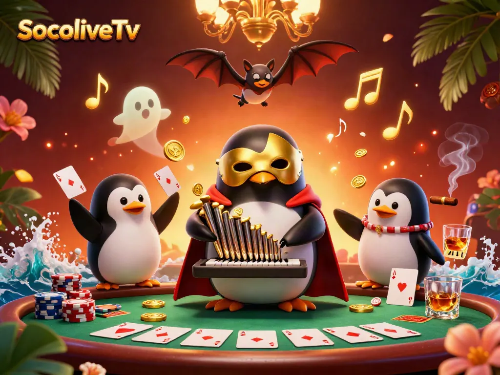 SocoliveTv showcases a thrilling casino scene with a 3D penguin playing music as coins rain down.