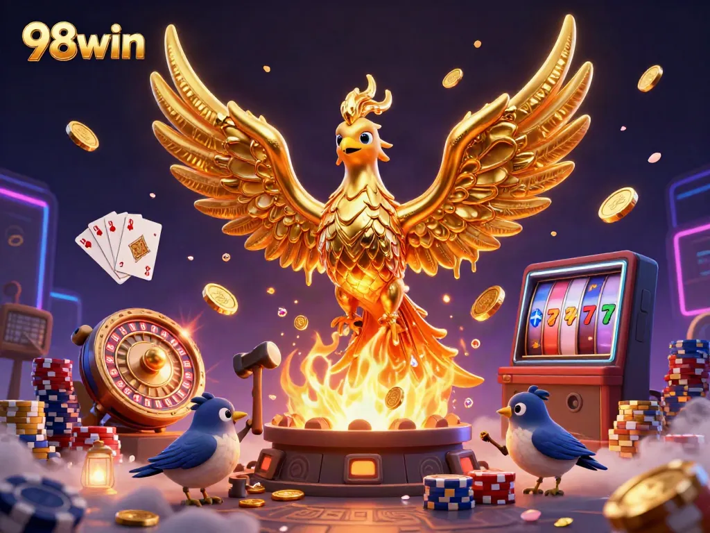 Experience jackpots at 98win as molten gold coins cascade around a spectacular phoenix illustration.