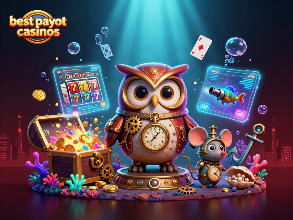 Experience the excitement of best payout casinos with a steampunk owl and vibrant casino elements in a dynamic scene.