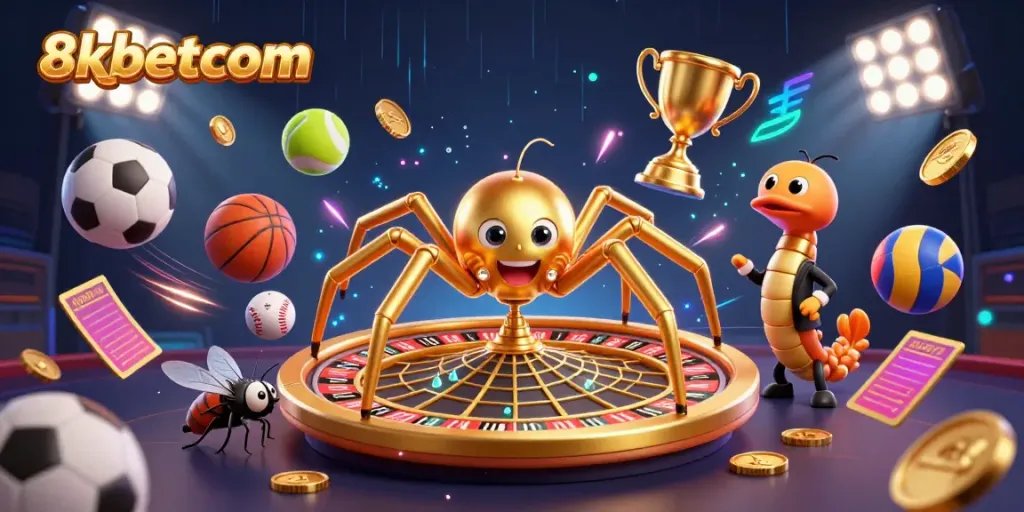 Place bets with 8xbetcom at a vibrant online casino illustrated scene of a spinning roulette wheel.