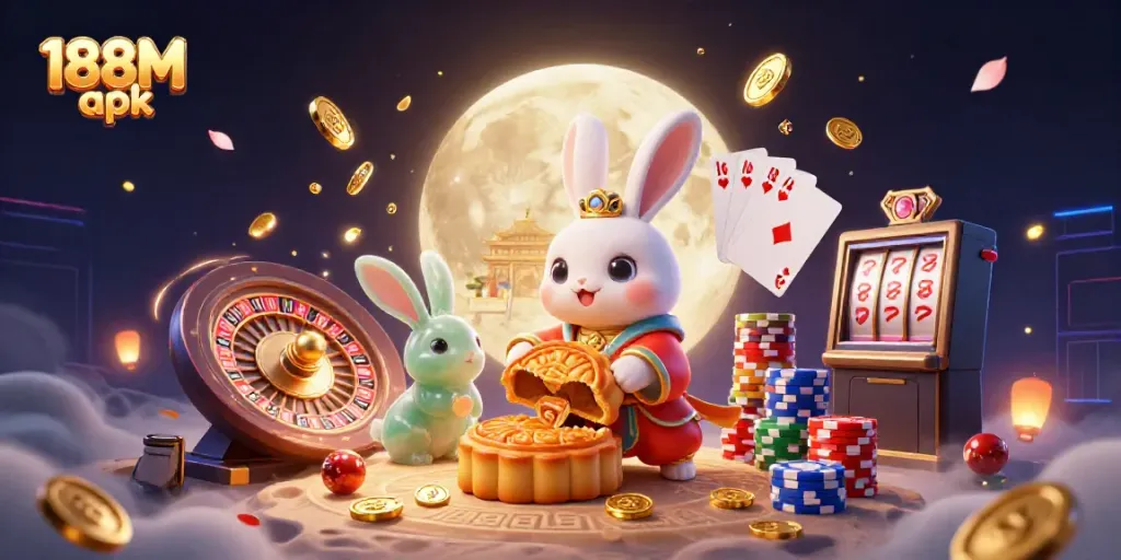 A vibrant 3D illustration of the 188M apk featuring a moon rabbit and casino elements like poker chips and golden coins.