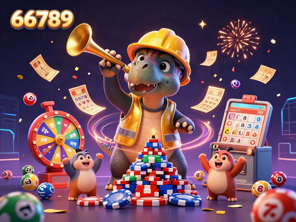 Celebrate with 66789 as the triceratops builds a pyramid of poker chips in this vibrant casino scene.