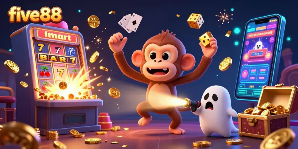 Engage with five88's exciting game world featuring a ghostly monkey and puppy in a lively casino scene.
