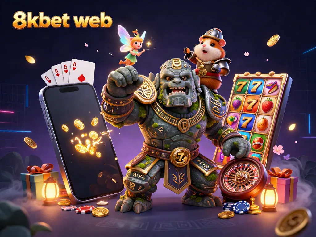 Join the fun at 8xbet web with a vibrant gaming scene including characters, slot games, and dynamic elements.