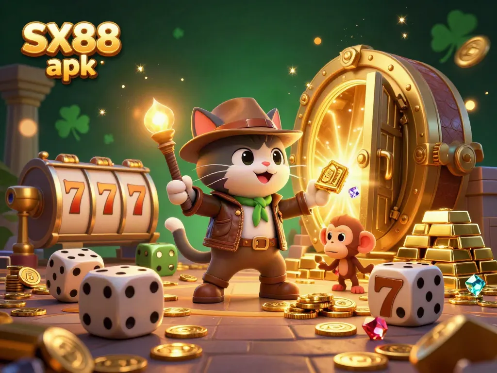 Experience the vibrant gaming world of SX88 apk with a lively scene of a treasure hunt.