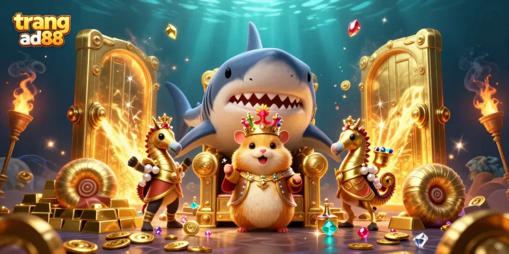 Engage with the vibrant world of trang ad88, showcasing a fierce hamster king amid riches and royal sea guard characters.