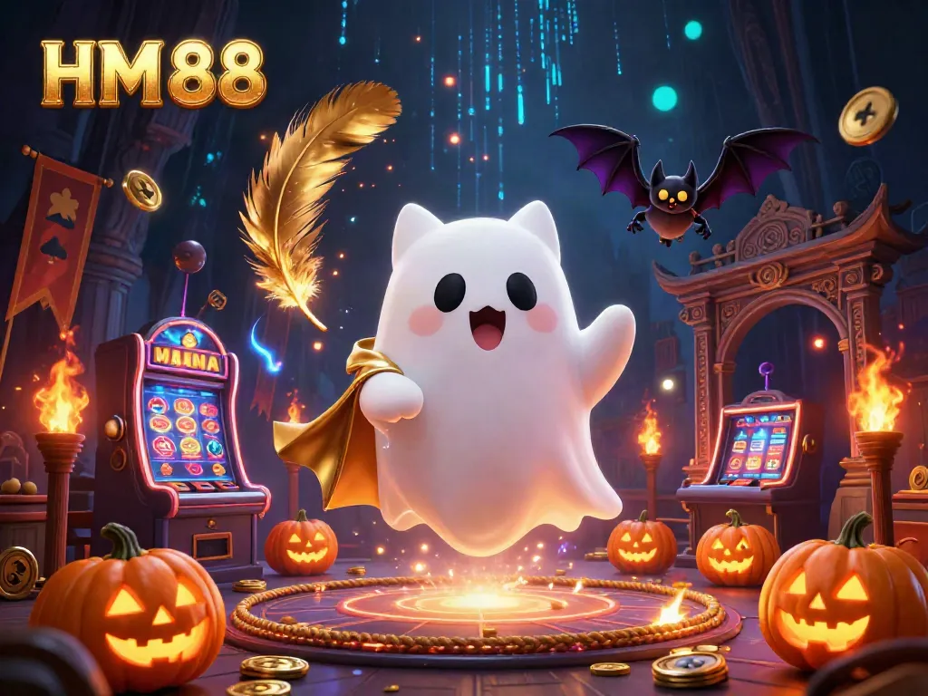 Experience thrilling games at HM 88 as a friendly ghost cat and vampire bat engage in casino fun.