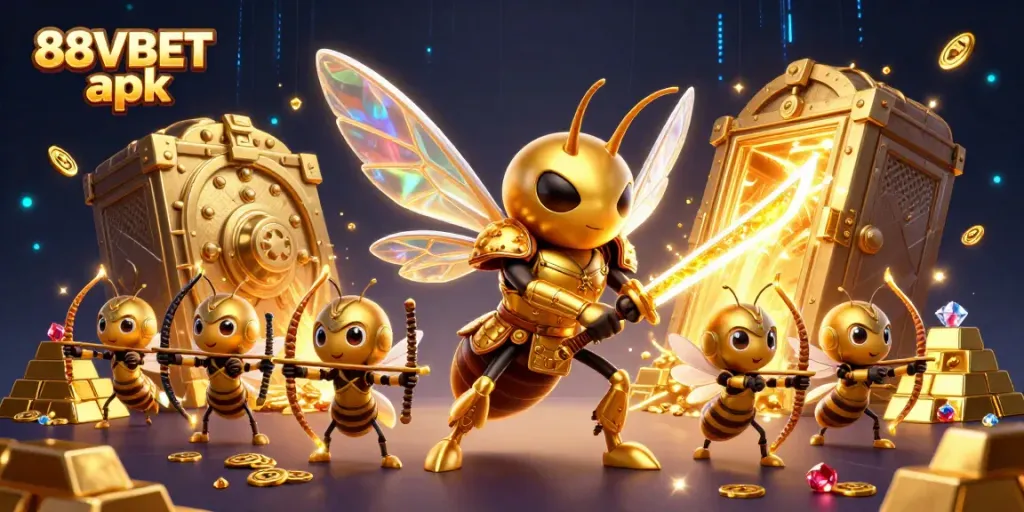 Experience the excitement of the 88VBET apk with vibrant 3D casino illustration packed with action and treasures.