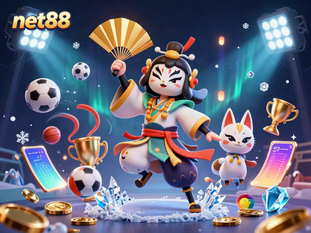Experience the excitement of net88 with a vibrant 3D illustration of a kabuki warrior in a thrilling casino sports scene.