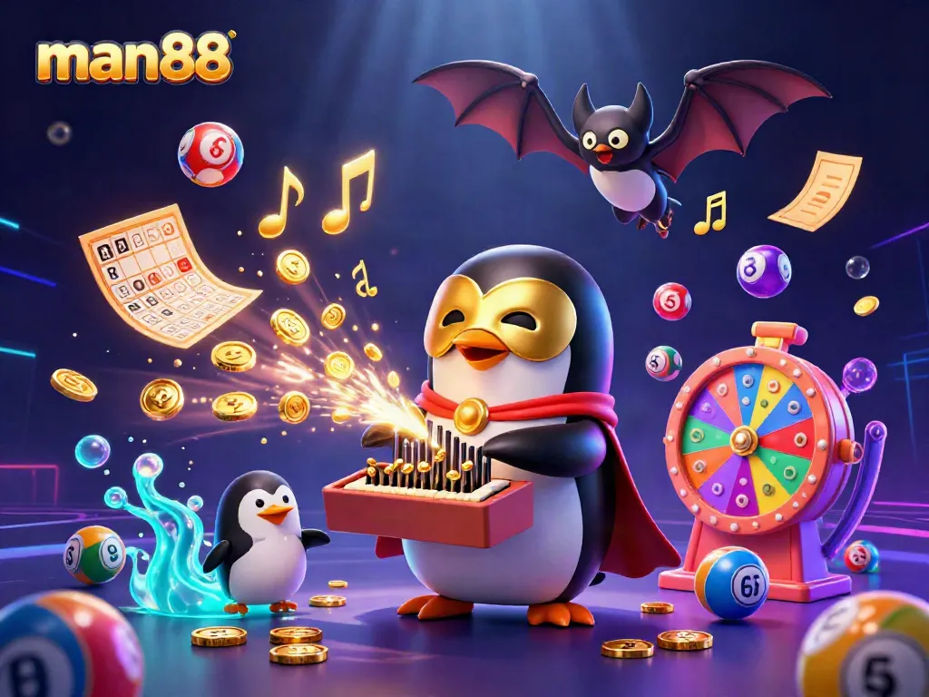 Catch the excitement of man88 with a thrilling casino scene featuring a phantom opera penguin and festive lottery elements.
