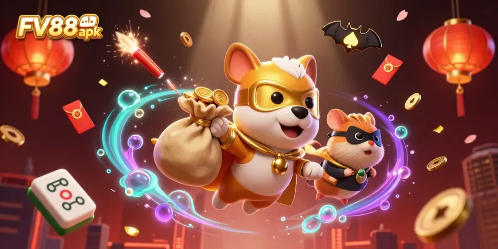 Experience the thrill of winning with FV88 apk as the superhero dog flies through a dynamic casino scene.
