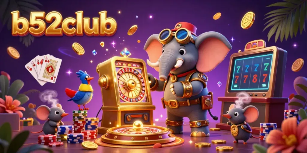 B52club's vibrant online casino scene with a steampunk elephant engineer and dazzling game elements, captivating gamblers.