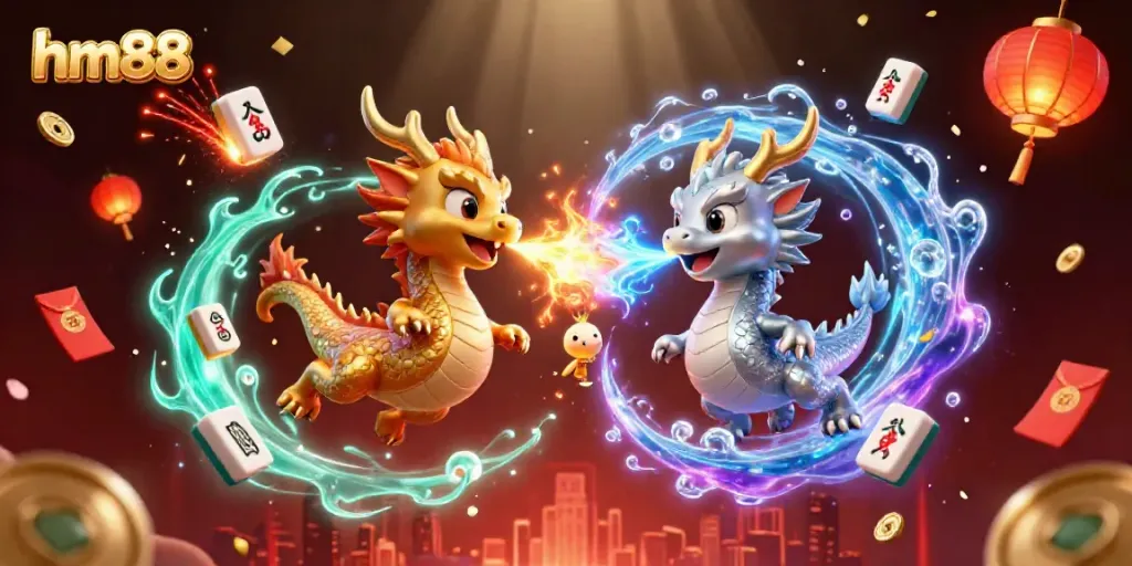 Engage in thrilling gameplay at hm88, featuring gold and silver dragons and vibrant casino elements.