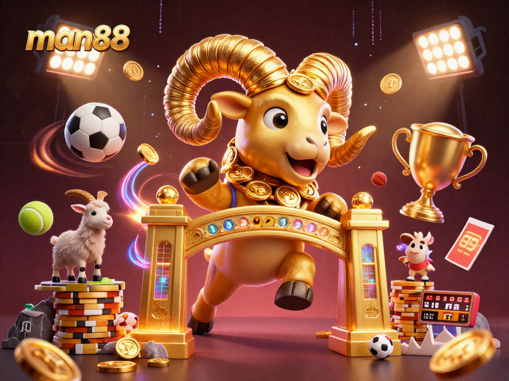 Experience the excitement of man88 casino with a golden ram charging through a sports betting scene.