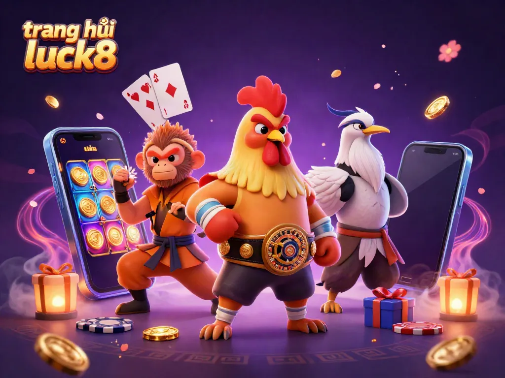 Engage with the exciting gameplay at trang chủ luck8, featuring a dynamic Muay Thai rooster, Shaolin monkey, and wise crane with colorful slot games and golden coins.