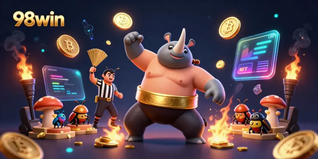Experience thrilling gameplay at 98win with a powerful rhinoceros beetle champion amidst a cascade of golden coins
