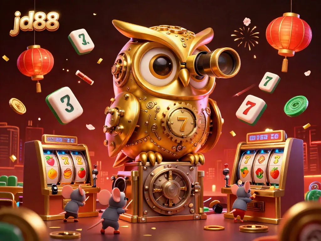 Experience the excitement of gaming at jd88 with a golden owl and bustling casino patrons among dynamic slot themes.