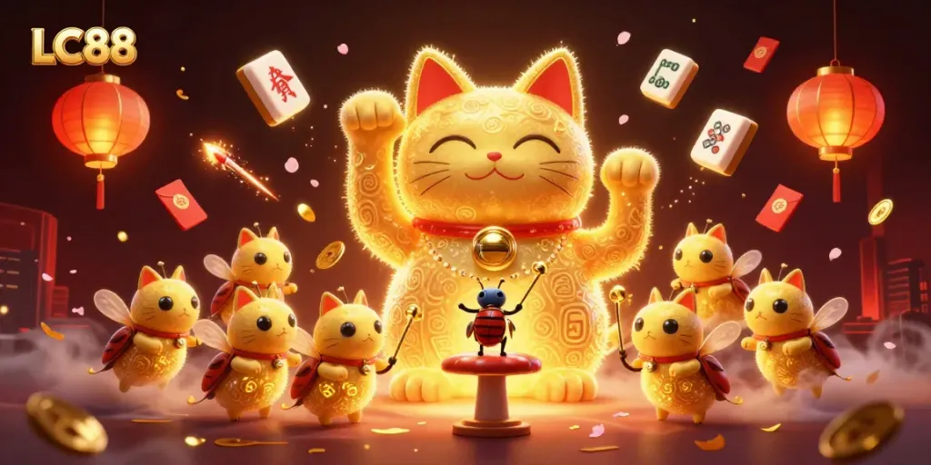 Engaging illustration of LC88's lucky cat made of fireflies surrounded by vibrant casino elements.