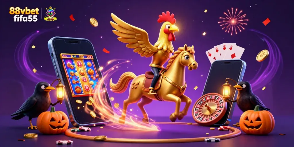 Experience the magical world of 88vbet fifa55 in a vibrant casino scene with a golden rooster and playful crows.