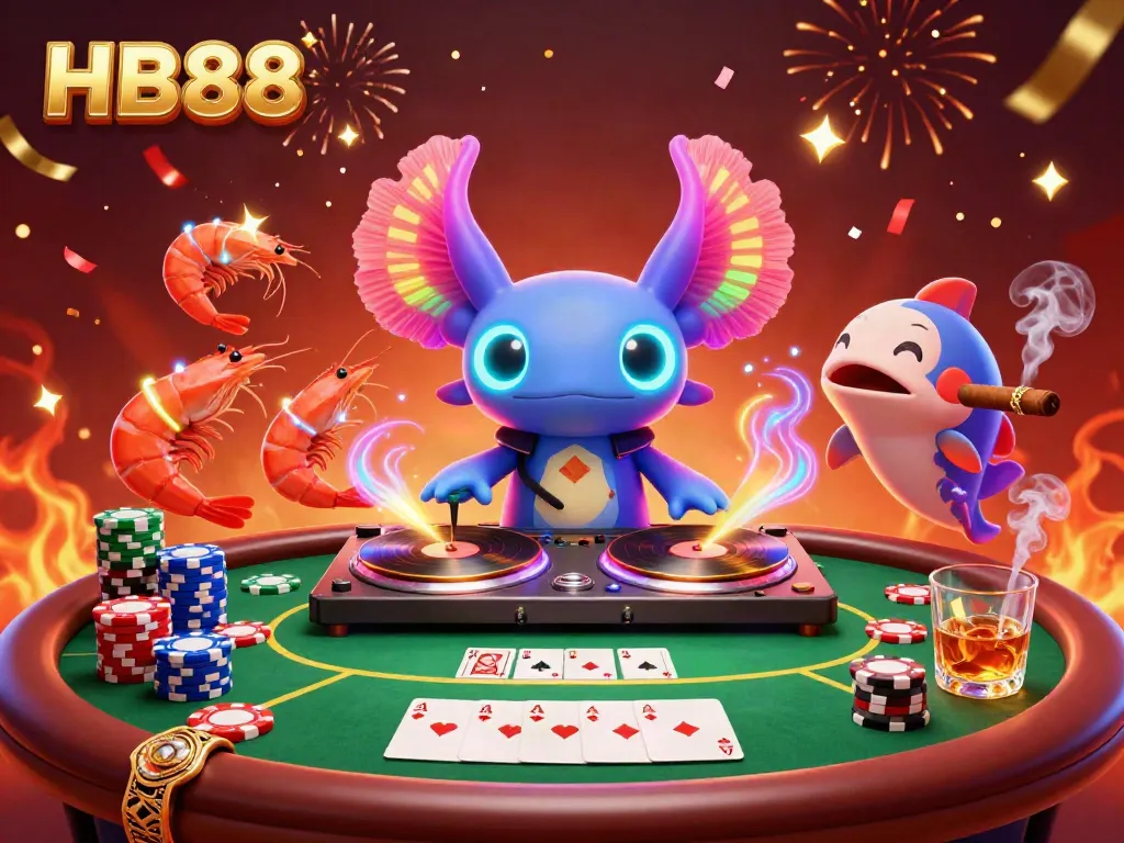 Engage in thrilling poker gameplay at HB88, featuring a vibrant festival atmosphere with digital characters and game elements.