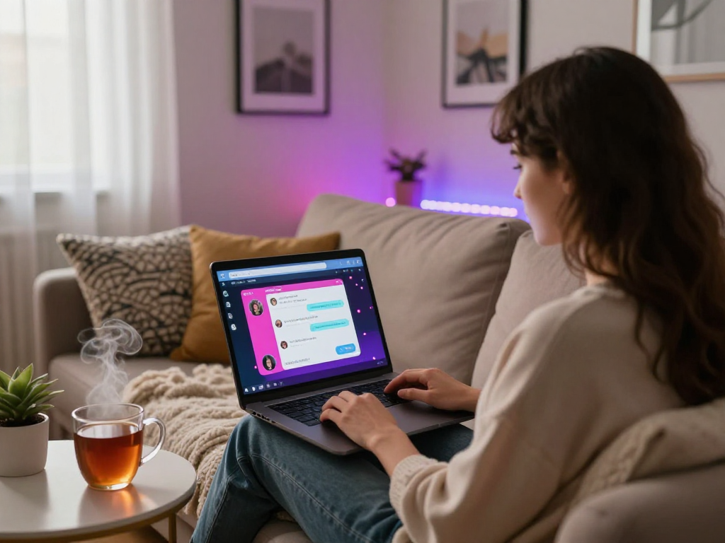 Engaging in a porn chat AI experience from a cozy living room.