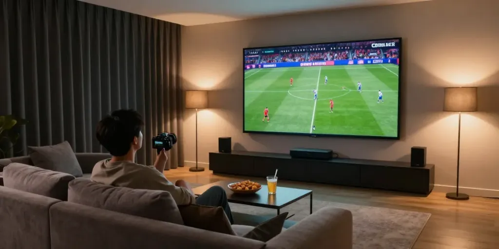 Enjoying USA IPTV in a cozy home theater setting with ambient lighting.