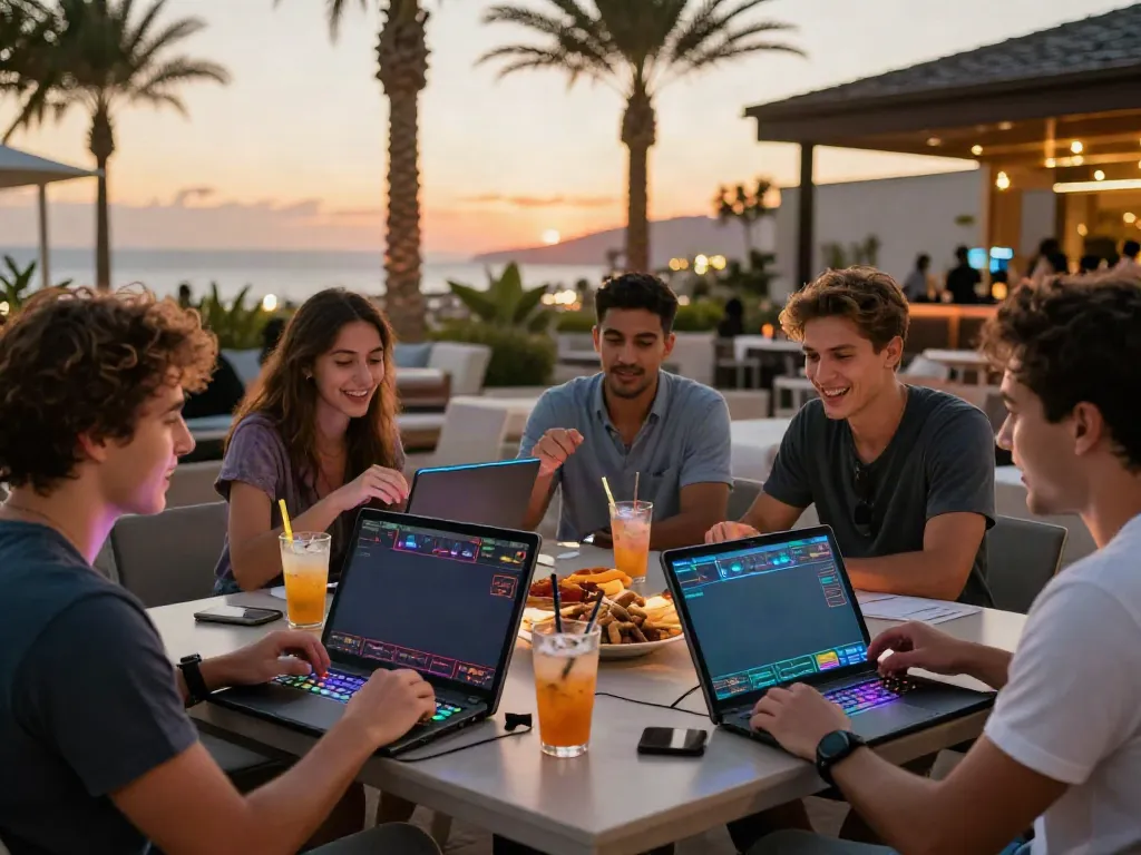 Exciting group enjoying vin88 online betting at a vibrant outdoor casino.