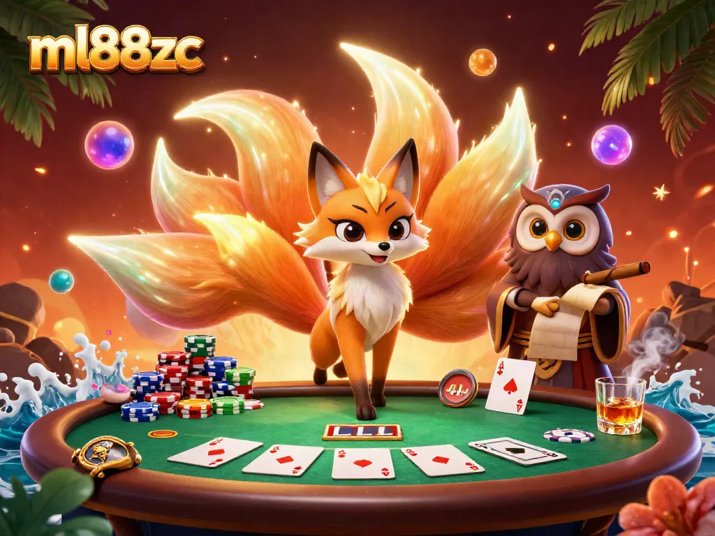Experience the excitement of ml88zc with a vibrant poker scene featuring a mystical nine-tailed fox.