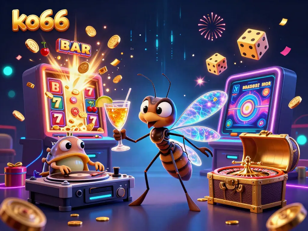 Experience thrilling wins at ko66 casino with a vibrant 3D illustration featuring characters and game elements.