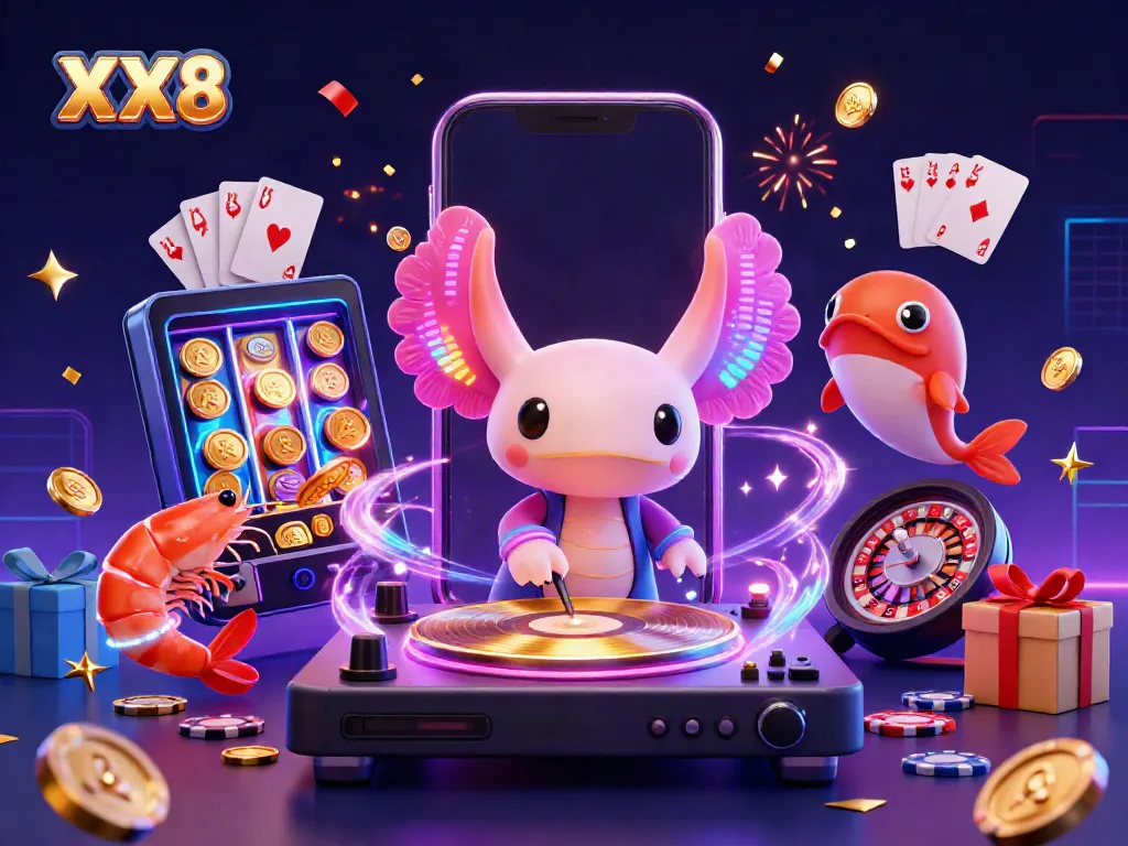 Experience the vibrant online casino world of XX8 with a colorful underwater DJ scene.