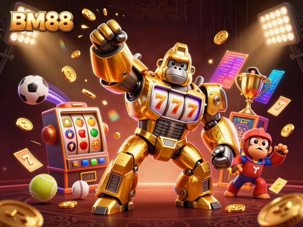 Engage with BM88’s thrilling world, showcasing a dynamic gorilla mech in a vibrant casino setting.