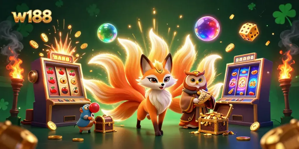 Engage with the vibrant w188 casino world through a spectacular jackpot scene featuring a nine-tailed fox and interactive gaming elements.