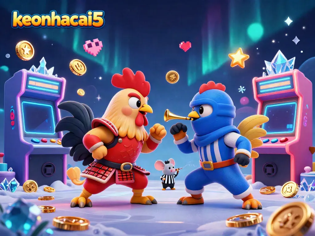 Engage with keonhacai5's thrilling rooster standoff illustration amidst vibrant casino elements.